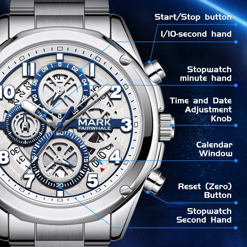 Chronograph quartz watch with reinforced case and high-transparency glass
