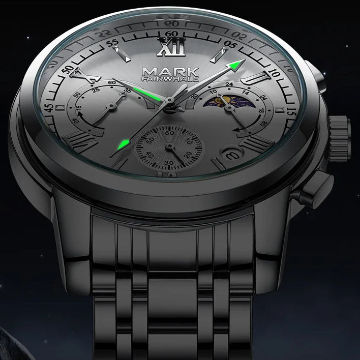 Chronograph watch dial with moon phase display and Roman numeral markers