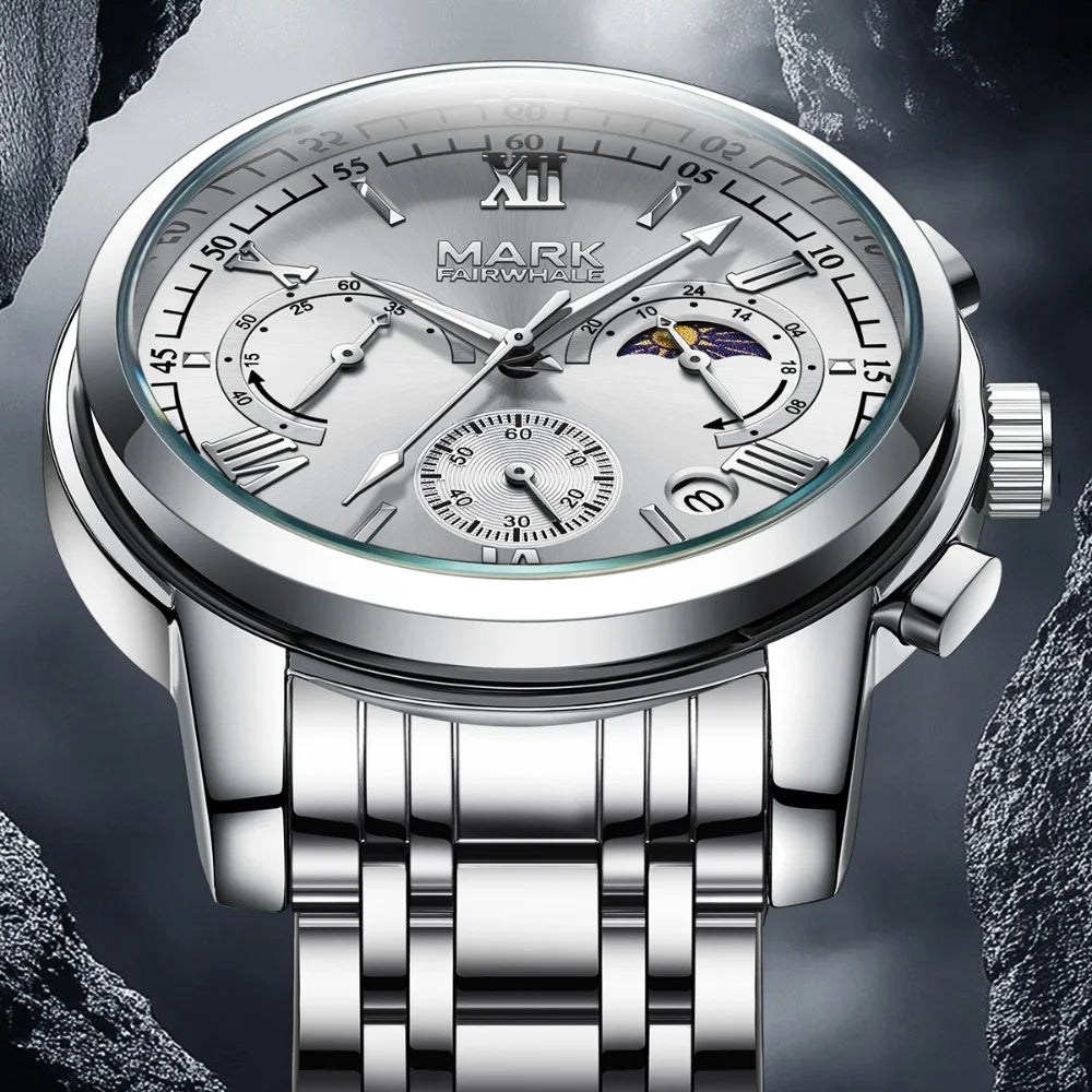 Chronograph watch dial with moon phase display and Roman numeral markers