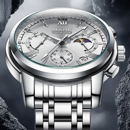 Chronograph watch dial with moon phase display and Roman numeral markers