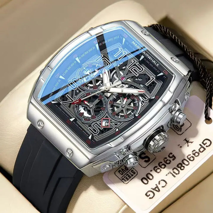 Chronograph watch for men with tonneau case and skeleton dial