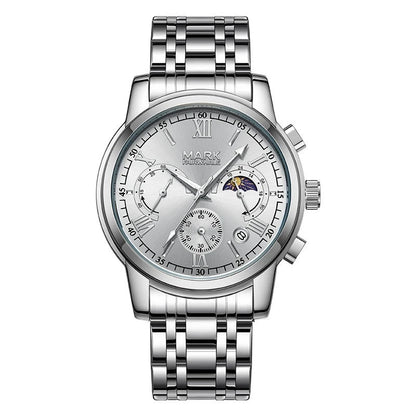 Chronograph watch for men with Roman numerals, moon phase dial and stainless steel bracelet