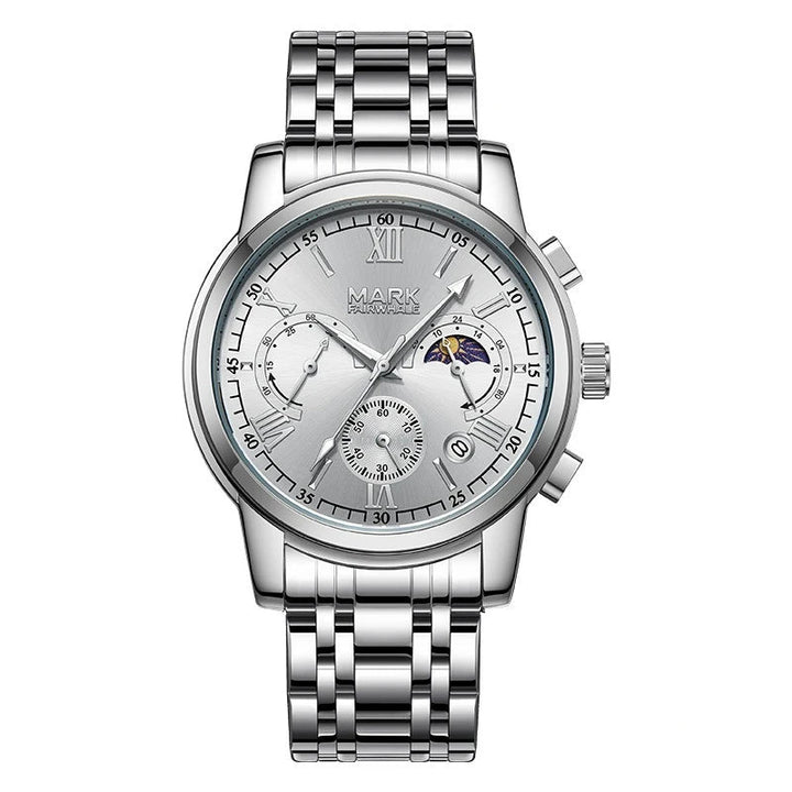 Chronograph watch for men with Roman numerals, moon phase dial and stainless steel bracelet