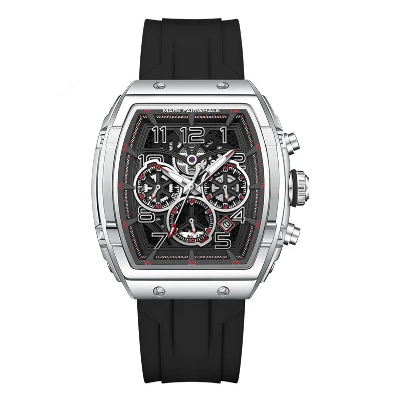 Chronograph watch for men with tonneau case and skeleton dial