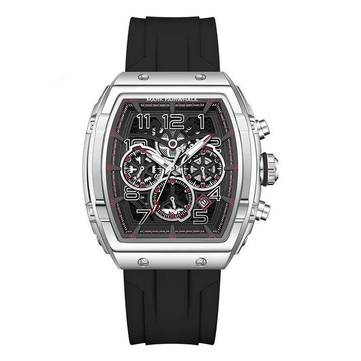 Chronograph watch for men with tonneau case and skeleton dial