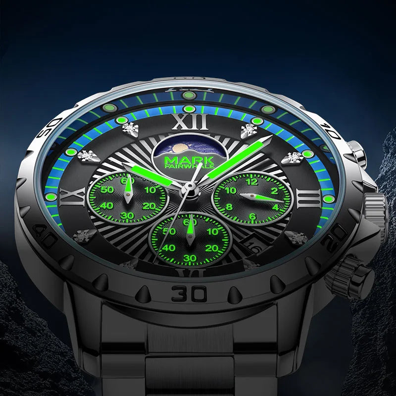 Chronograph watch with luminous hands and markers for night visibility