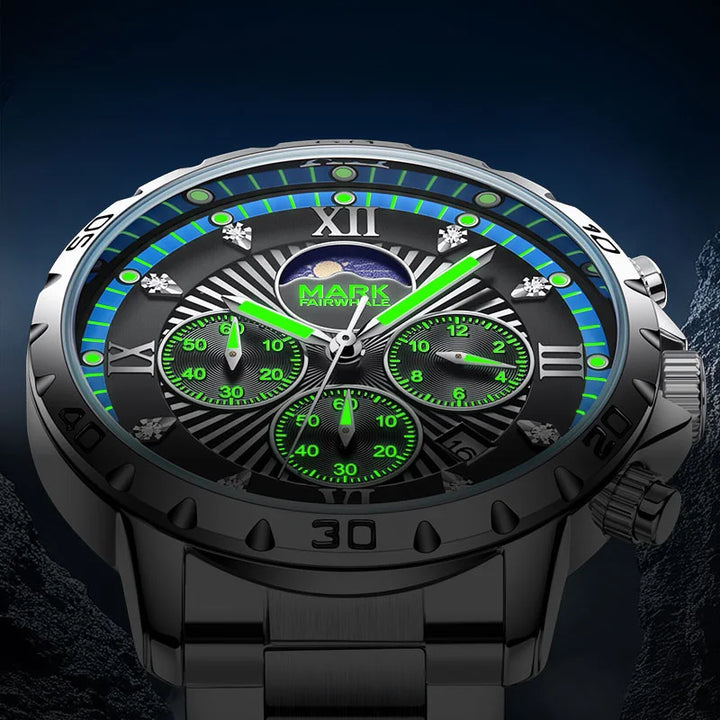 Chronograph watch with luminous hands and markers for night visibility