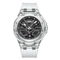 Clear wristwatch with black face on a white background