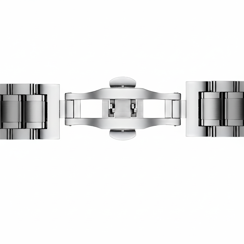 Close-up of a silver watch band on a white background