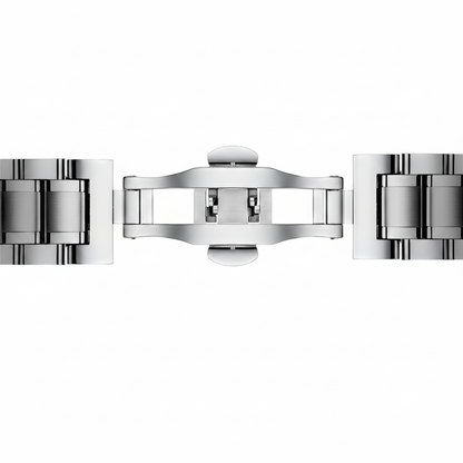 Close-up of a silver watch band on a white background