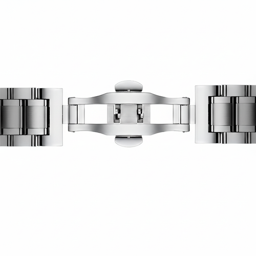 Close-up of a silver watch band on a white background