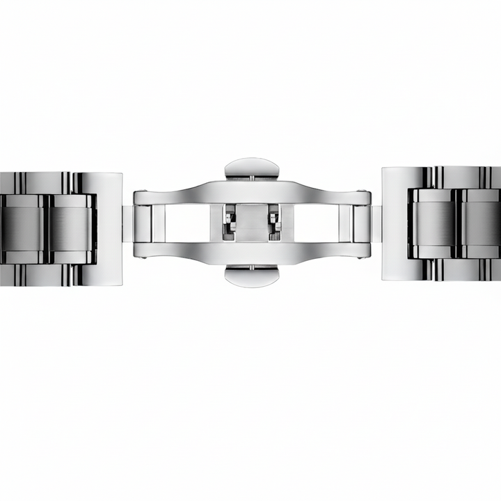 Close-up of a silver watch band on a white background