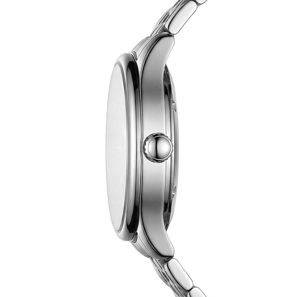 Close-up of a silver watch on a white background