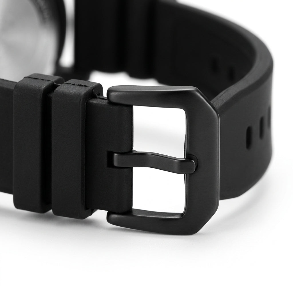 Close-up of a black watch strap with buckle on a white background