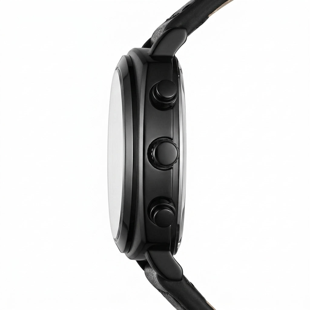 Close-up of a black smartwatch on a white background
