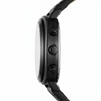 Close-up of a black smartwatch on a white background