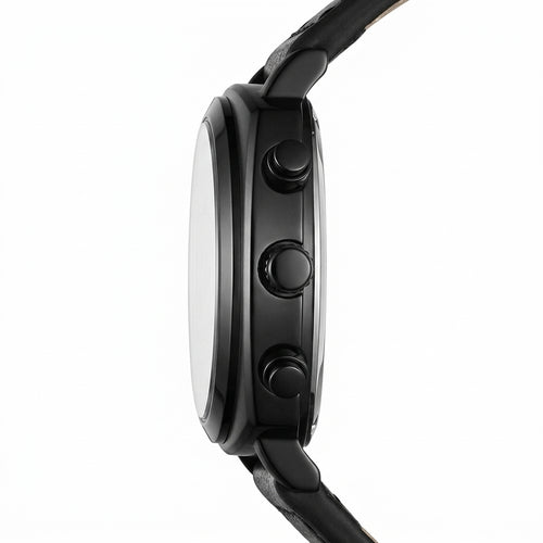 Close-up of a black smartwatch on a white background