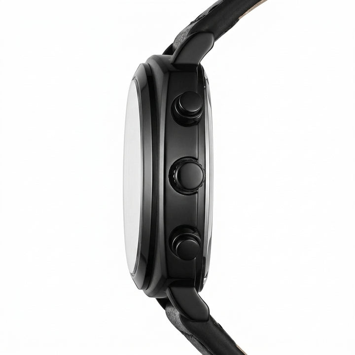 Close-up of a black smartwatch on a white background