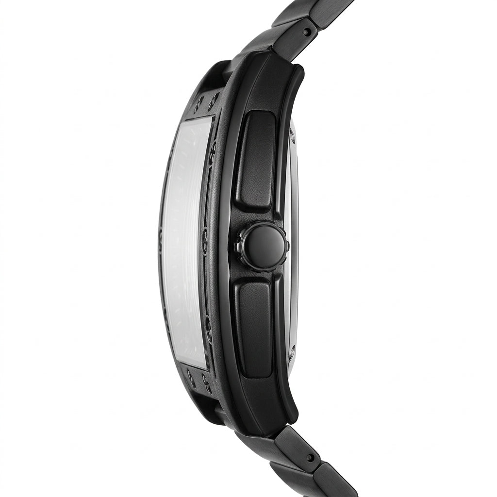 Close-up of a black smartwatch on a white background