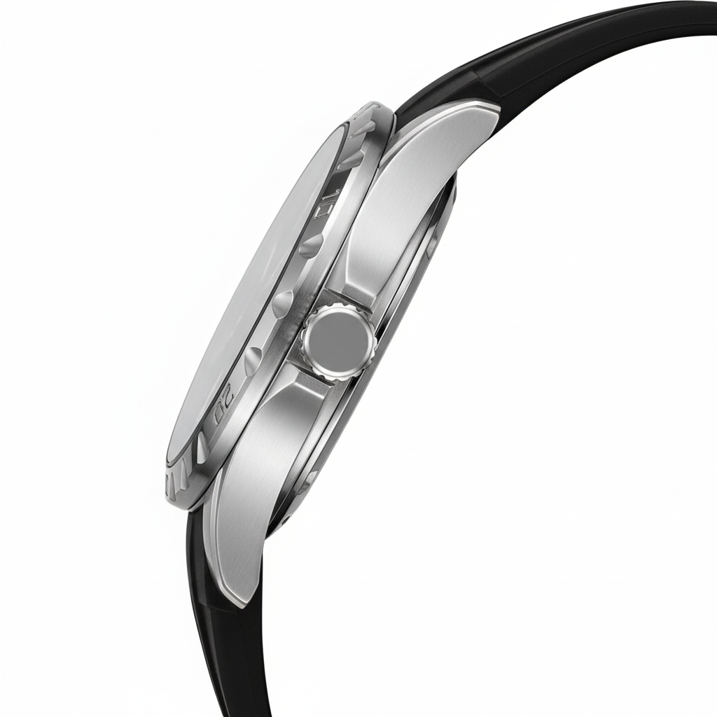 Close-up of a watch with a black strap and silver case on a white background