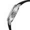 Close-up of a watch with a black strap and silver case on a white background