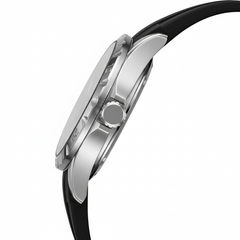 Close-up of a watch with a black strap and silver case on a white background