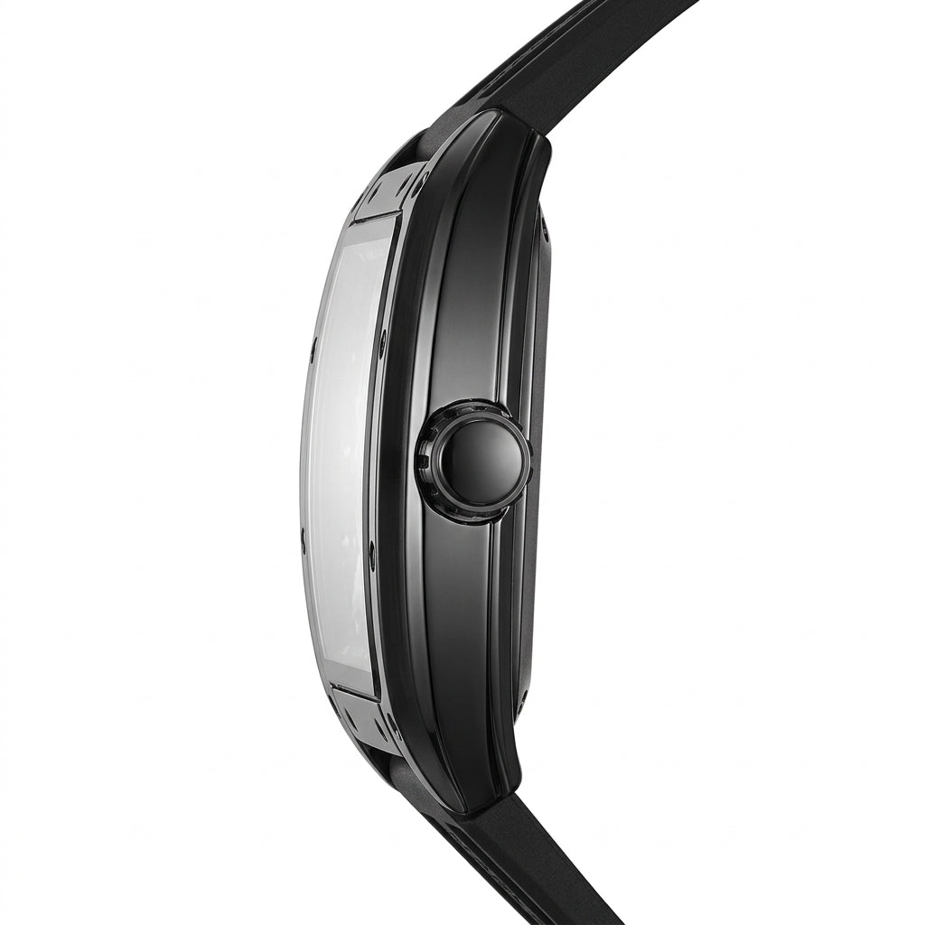 Close-up of a black smartwatch on a white background
