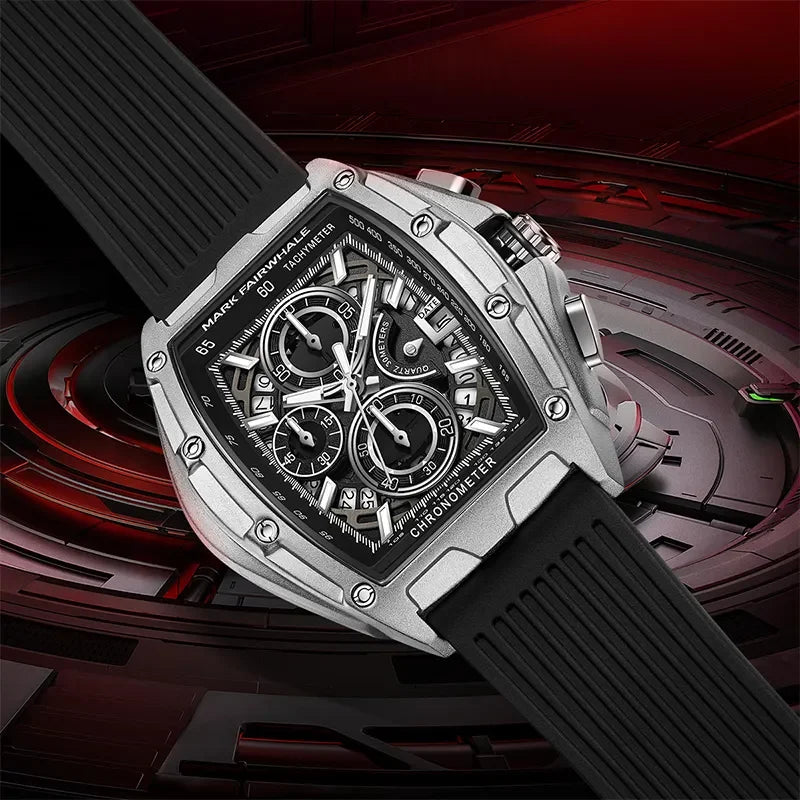 Close-up angled view – VERDIX 5080 stainless steel tonneau chronograph watch with black dial and rubber band.