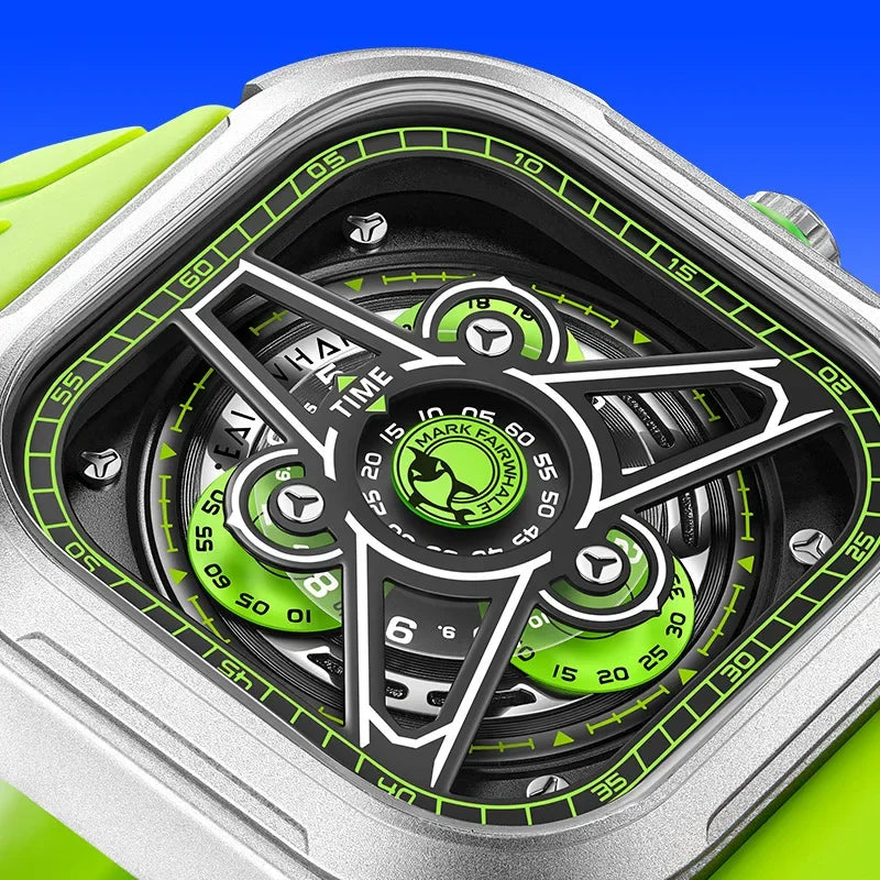 Close-up dial of Mark Fairwhale 5740 square quartz chronograph watch luminous green