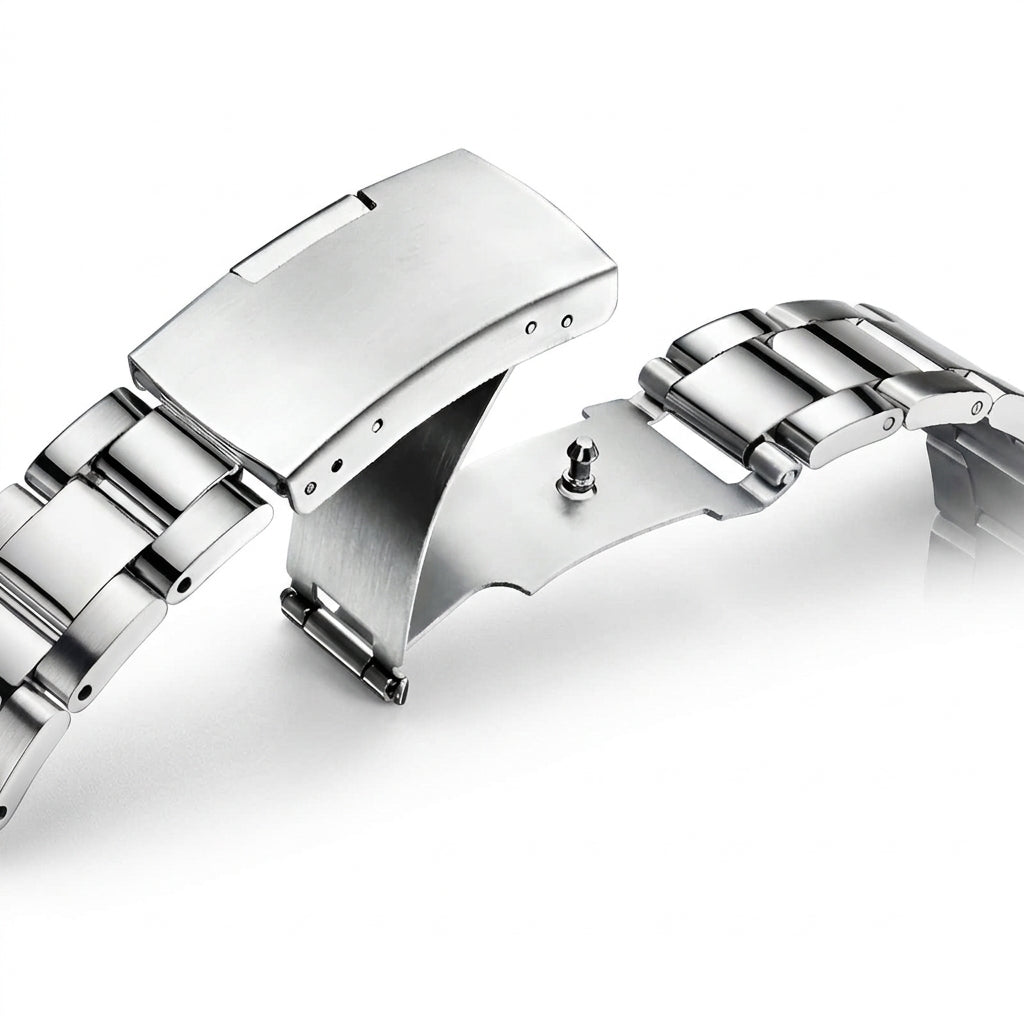 Close-up of a silver watch strap on a white background