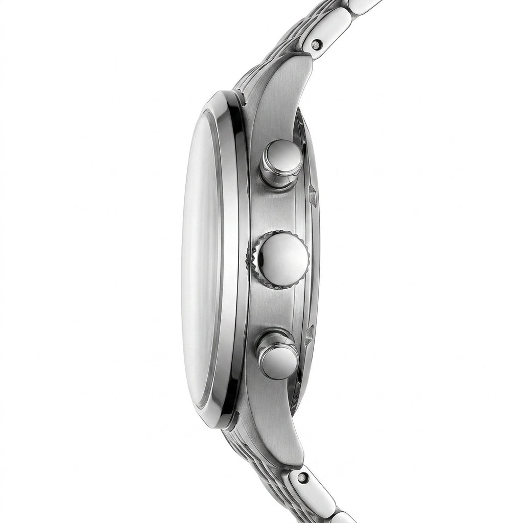 Close-up of a silver watch with detailed case design on a white background