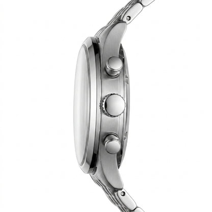 Close-up of a silver watch with detailed case design on a white background