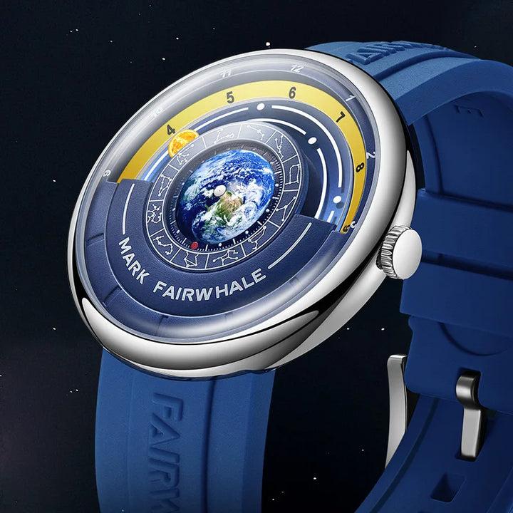 Close-up of Fairwhale THÉO watch featuring Earth dial and constellation details