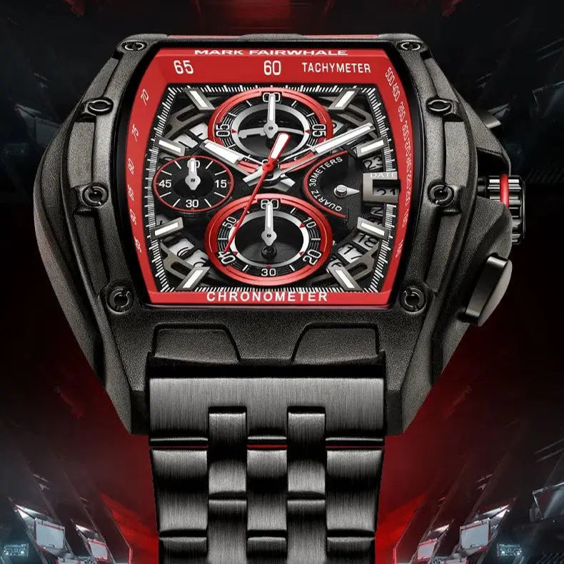 Close-up of Mark Fairwhale 5080 TONIXORA red chronograph watch with tachymeter scale