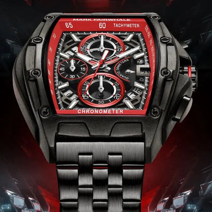 Close-up of Mark Fairwhale 5080 TONIXORA red chronograph watch with tachymeter scale
