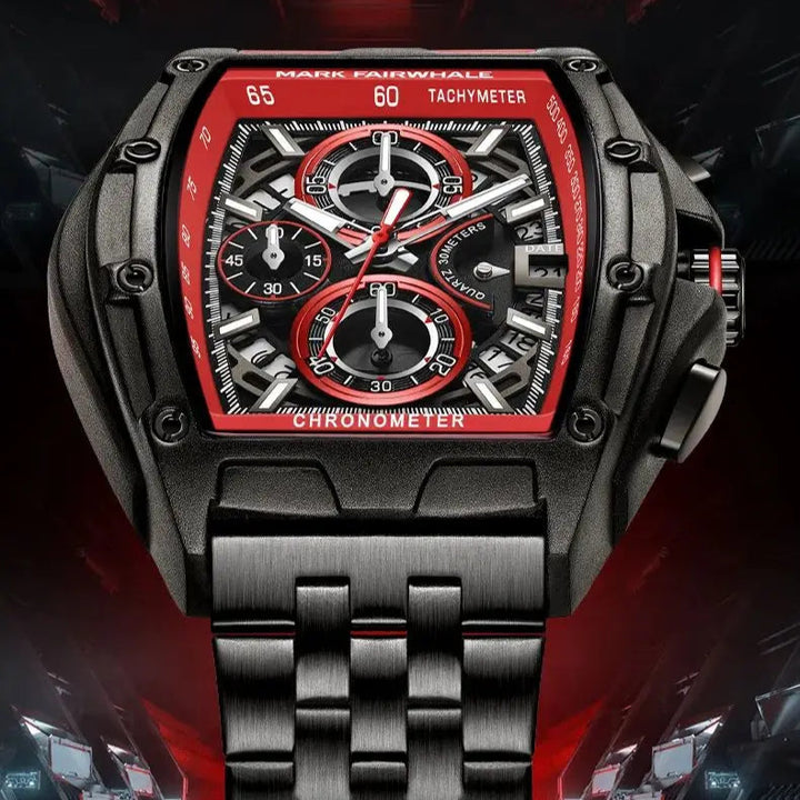 Close-up of Mark Fairwhale 5080 TONIXORA red chronograph watch with tachymeter scale