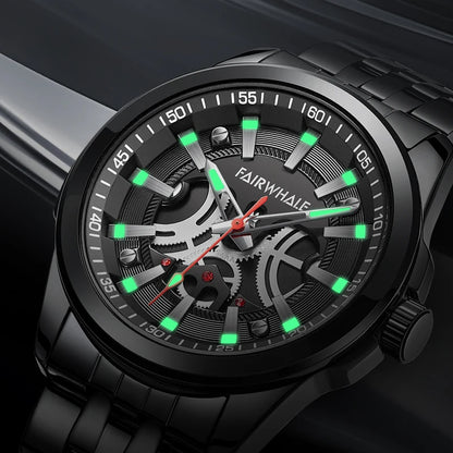 Close-up of Mark Fairwhale CHRONIXA 5750 luminous dial with glowing hands and markers – luxury quartz watch