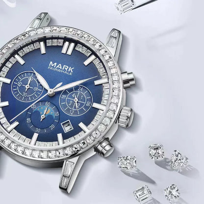 Close-up of Mark Fairwhale FW-5980 LUNEXOR chronograph watch with diamond bezel and moon phase dial