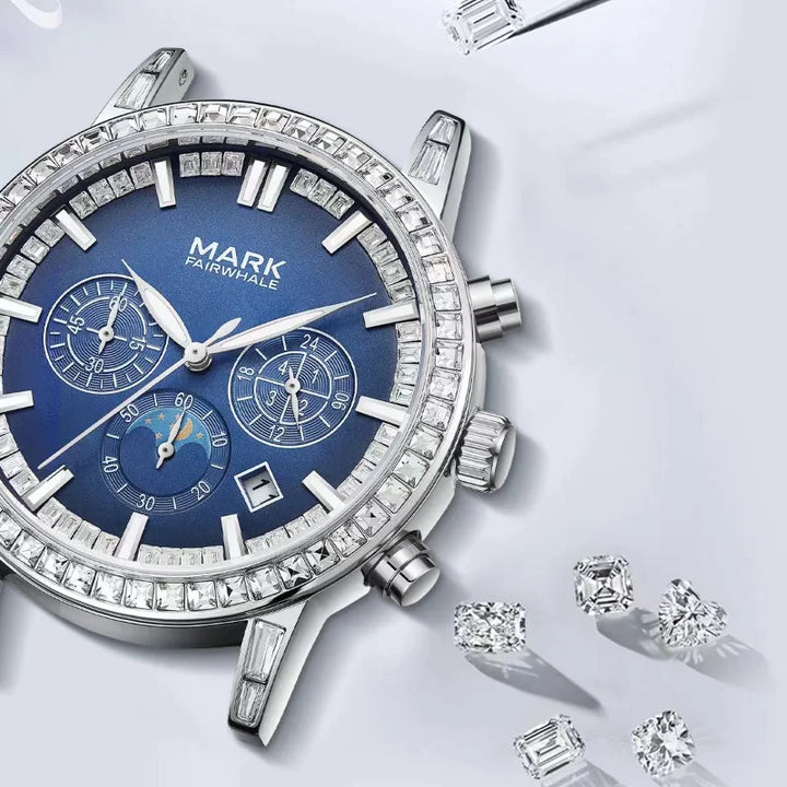 Close-up of Mark Fairwhale FW-5980 LUNEXOR chronograph watch with diamond bezel and moon phase dial