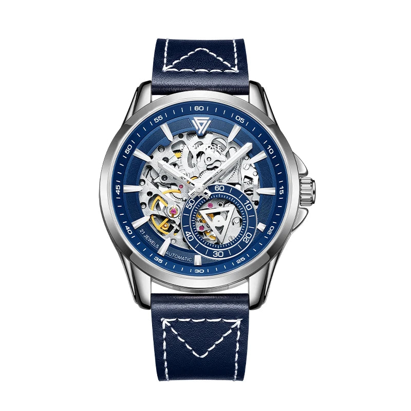 Close-up of Mark Fairwhale FW-6350 skeleton dial with black leather strap