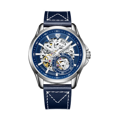 Close-up of Mark Fairwhale FW-6350 skeleton dial with black leather strap