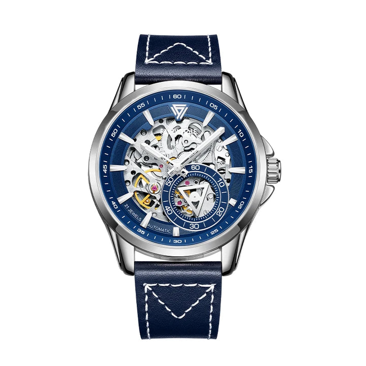 Close-up of Mark Fairwhale FW-6350 skeleton dial with black leather strap