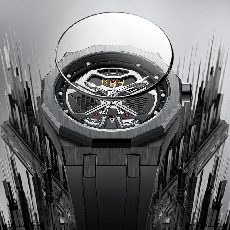 Close-up of Mark Fairwhale FW5590 AERIX chronograph watch showing hollow skeleton dial with Hardlex crystal