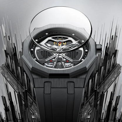 Close-up of Mark Fairwhale FW5590 AERIX chronograph watch showing hollow skeleton dial with Hardlex crystal
