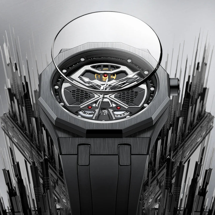 Close-up of Mark Fairwhale FW5590 AERIX chronograph watch showing hollow skeleton dial with Hardlex crystal