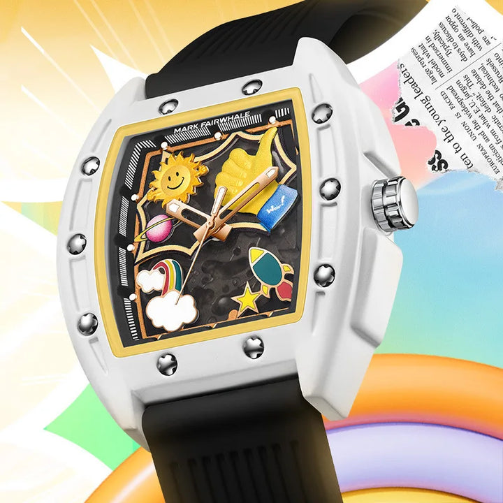 Close-up of Mark Fairwhale GRAFITO skeleton automatic watch with yellow graffiti-style dial and black silicone strap, showing playful urban art details on the face.