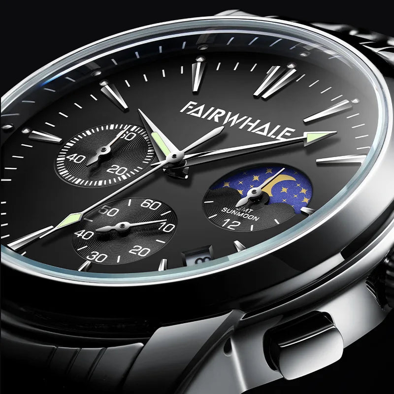 Close-up of Mark Fairwhale LUNARYS black dial moon phase indicator and chronograph sub-dials