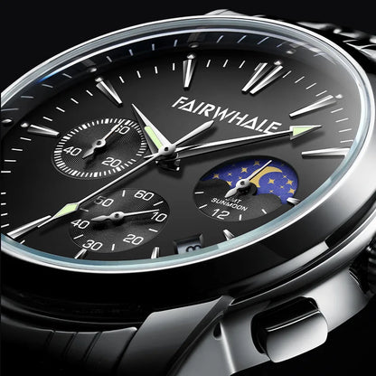 Close-up of Mark Fairwhale LUNARYS black dial moon phase indicator and chronograph sub-dials