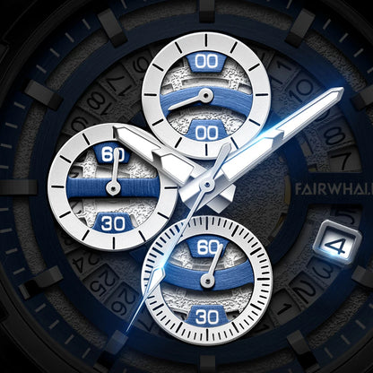 Close-up of Mark Fairwhale NOVATRIX 5430 chronograph dial, showing multi-function sub-dials, auto calendar, and luminous hands.