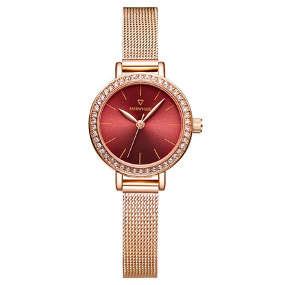 Close-up of Mark Fairwhale ROVIA 3280 women’s red watch with crystal accents on dial